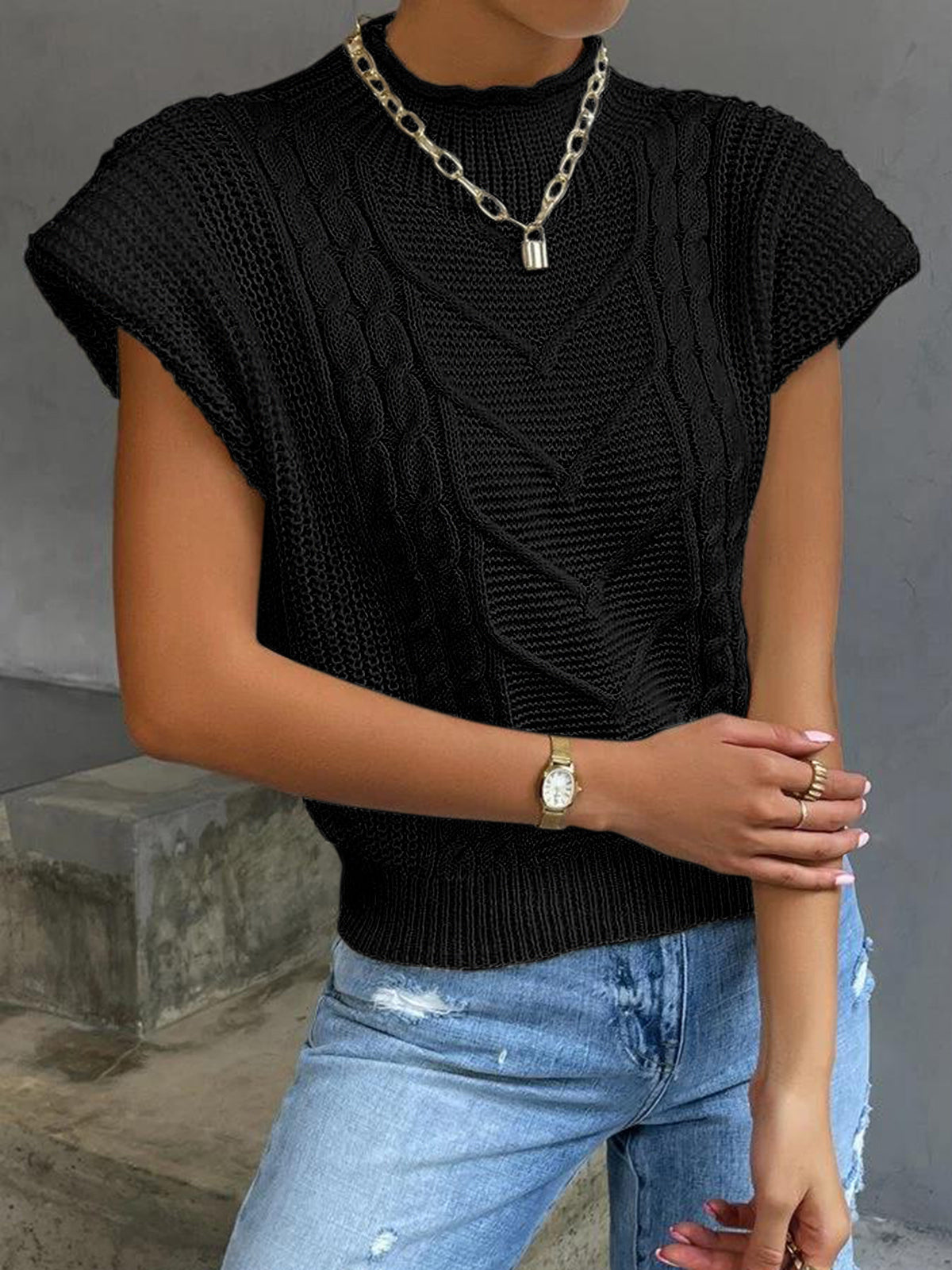 Beige plain knit cap sleeve sweater vest relaxed shift silhouette subtle texture everyday casual