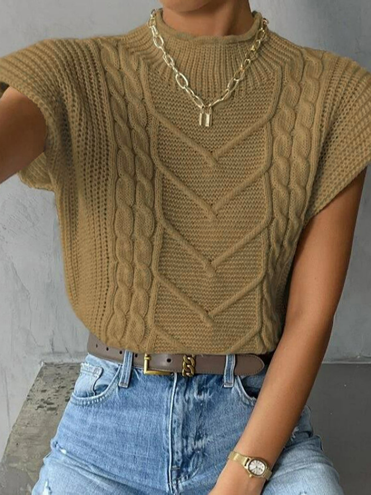 Beige cap sleeve sweater vest relaxed shift silhouette plain knit lightweight layering piece