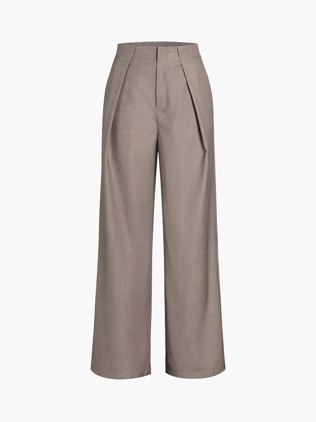 Beige high-waist straight-leg dress pants with plain pockets, elegant woven fabric