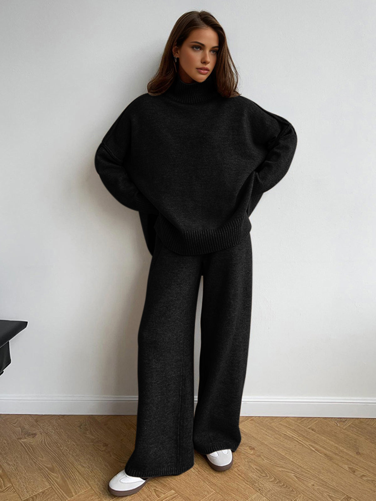Beige knit turtleneck and pants set with split hem casual matching loungewear coord