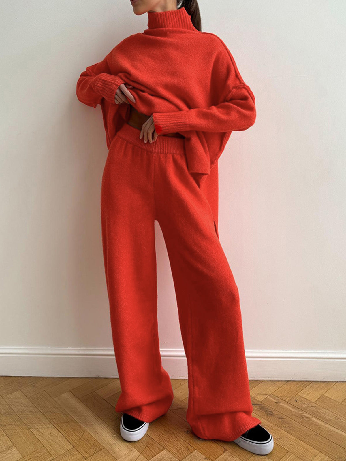 Beige knit turtleneck top and pants set with split detail, casual relaxed fit
