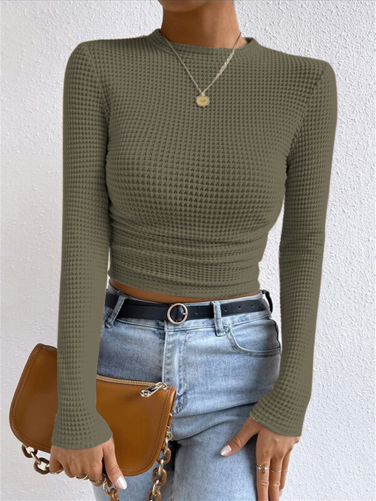 Plain waffle knit slim fit crew neck sweater long sleeve casual stretch pullover