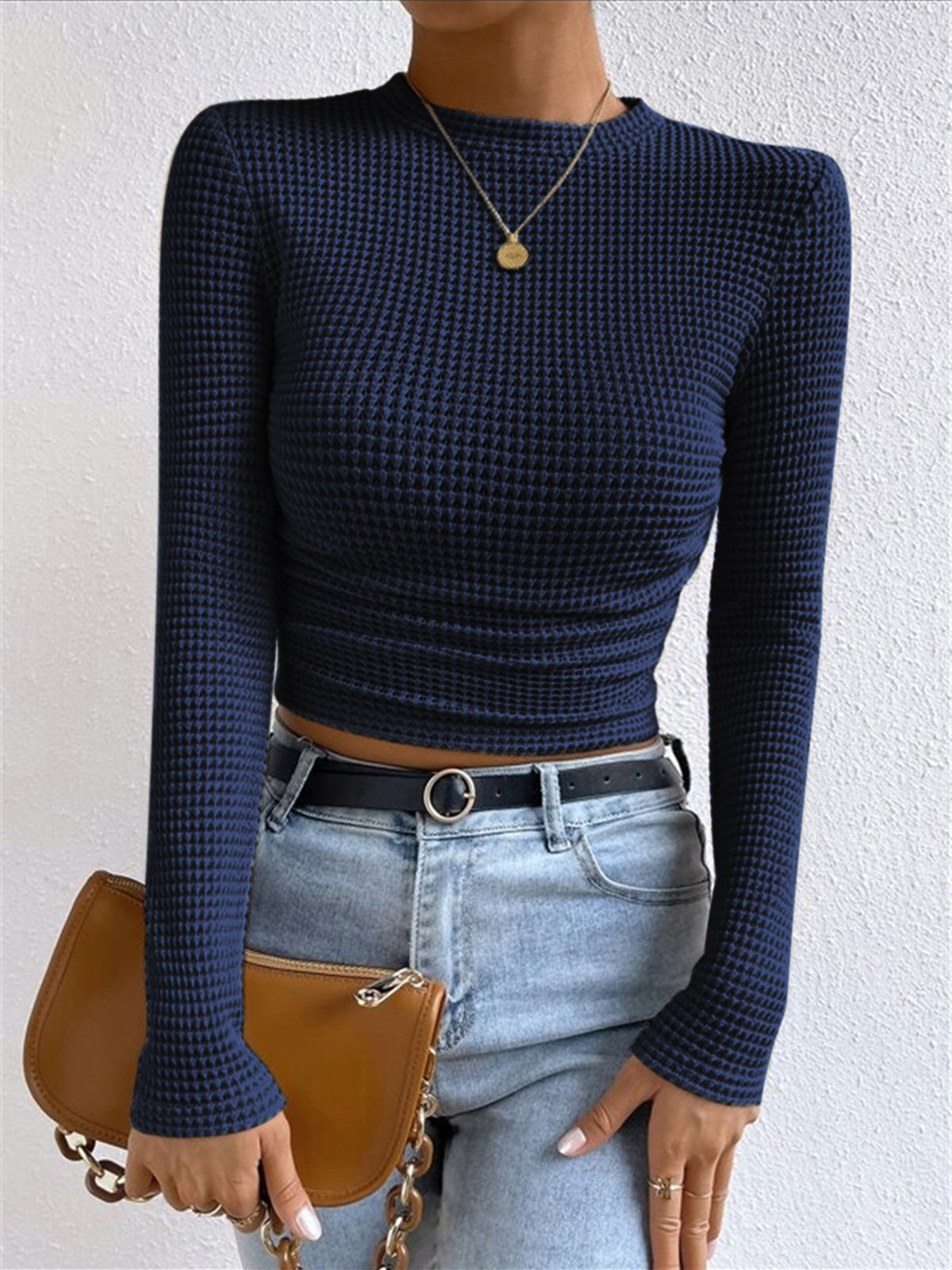 Plain waffle knit slim fit crew neck sweater in neutral tone with long sleeves