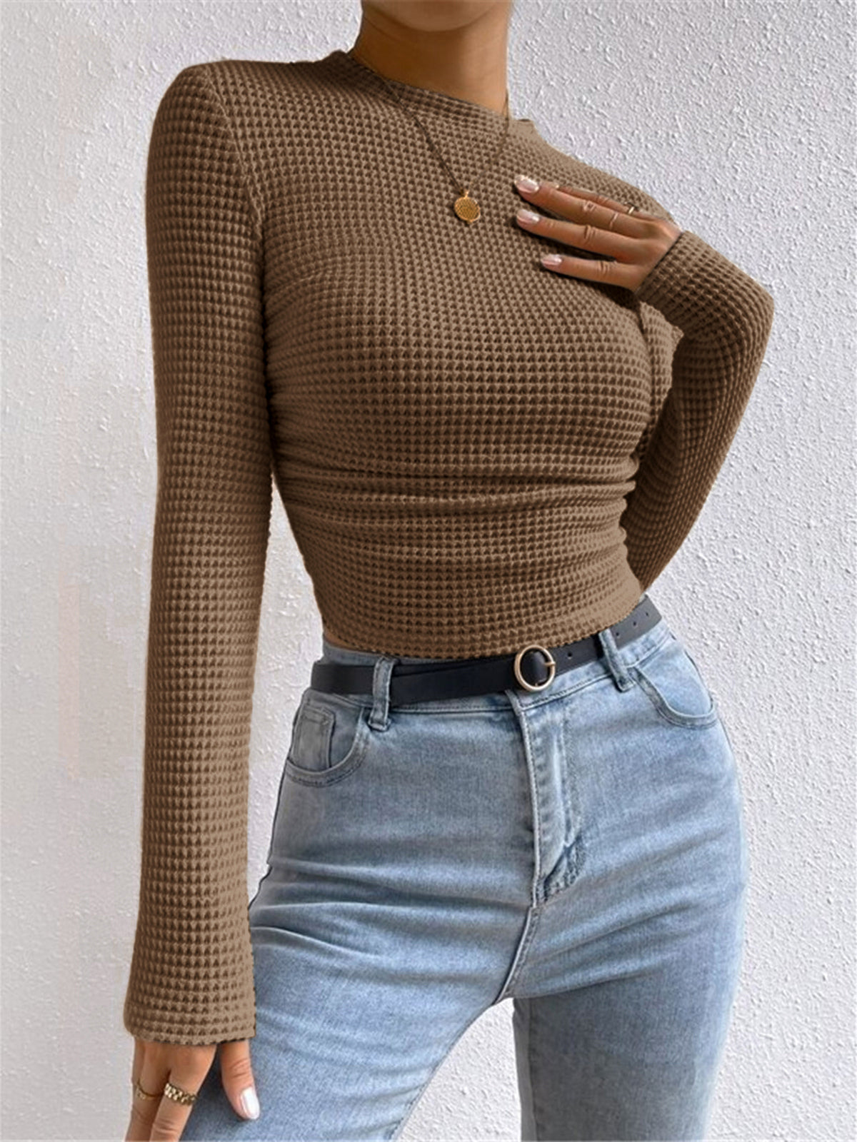 Plain waffle knit slim fit crew neck sweater long sleeve casual pullover