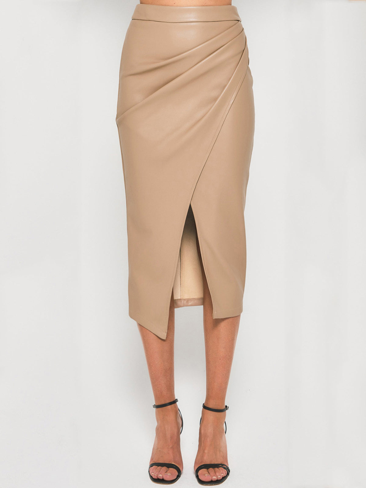 Black midi PU leather pleated skirt with front split, sleek vegan-friendly silhouette for work and evenings