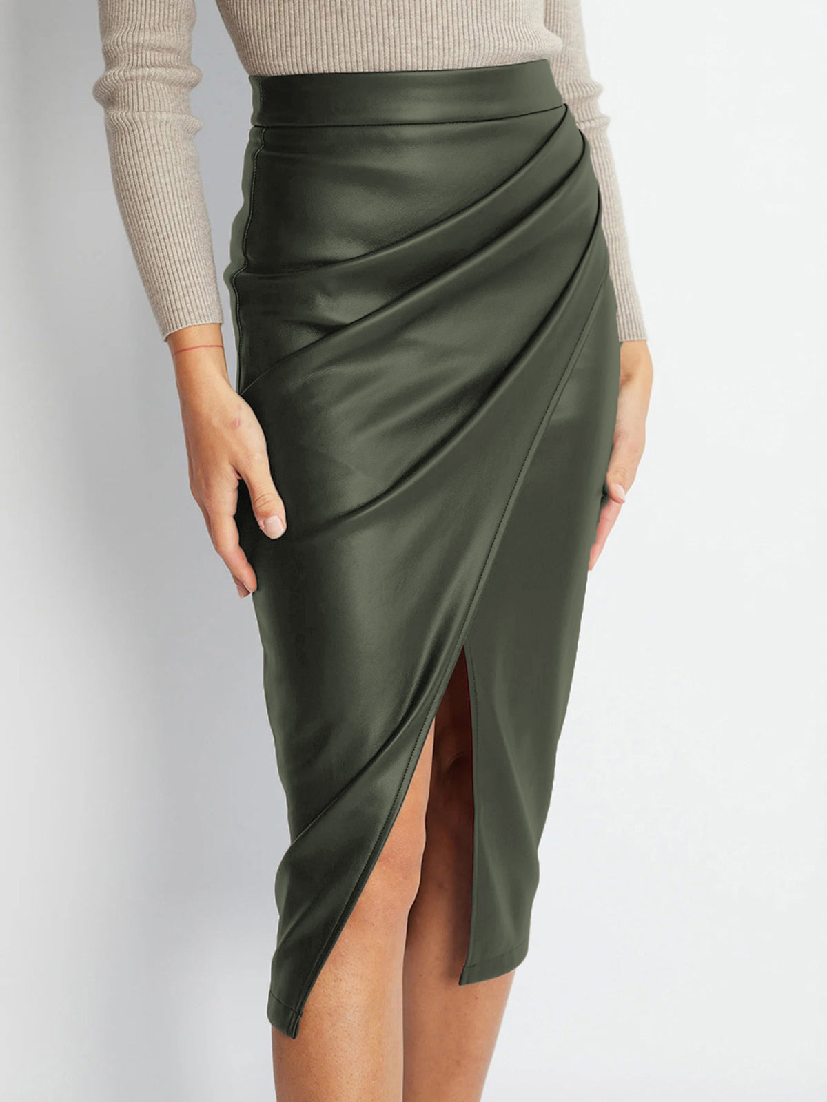 Black midi PU leather pleated skirt with front split, sleek vegan-friendly finish for workwear