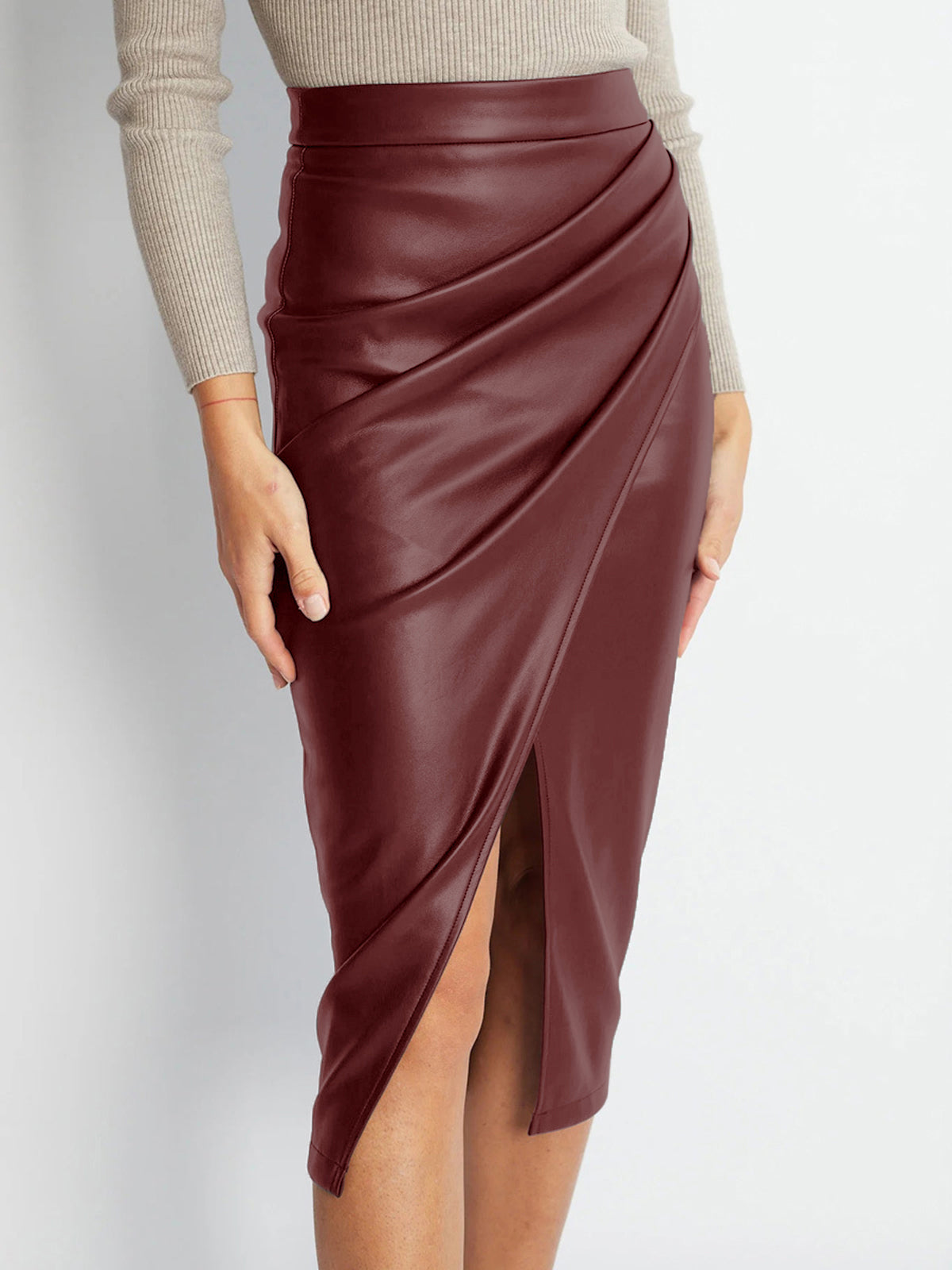 Black midi PU leather pleated skirt with front split, sleek vegan-friendly finish for work and evenings