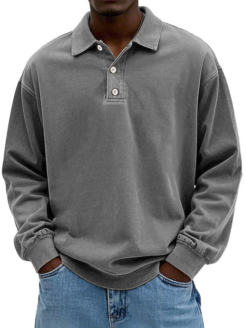 Men's vintage-style long sleeve polo shirt with classic 3-button placket in retro casual silhouette