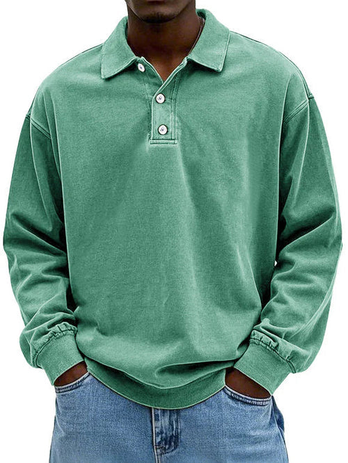 Men's vintage long sleeve polo shirt classic retro style with 3-button placket timeless casual silhouette