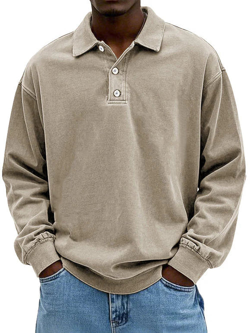 Men's vintage long sleeve polo shirt classic retro collar 3-button placket timeless casual style