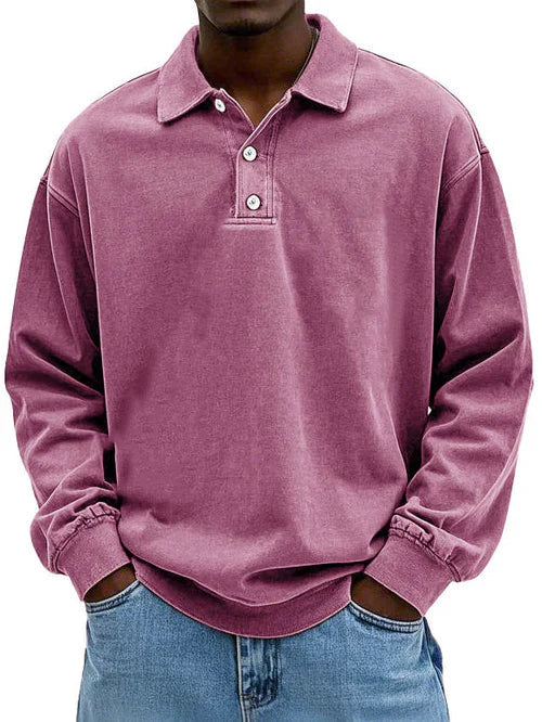 Men's vintage long sleeve polo shirt classic retro style 3-button placket breathable fabric casual top
