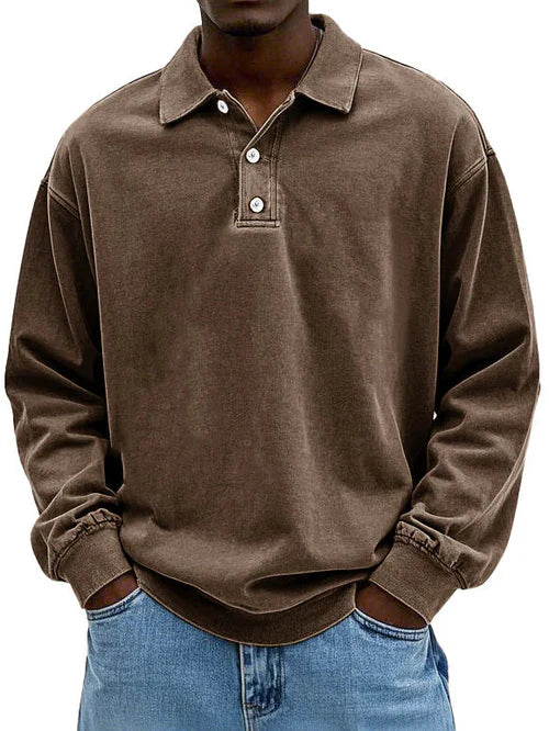 Men's vintage navy long sleeve polo shirt classic retro 3-button placket slim fit casual top