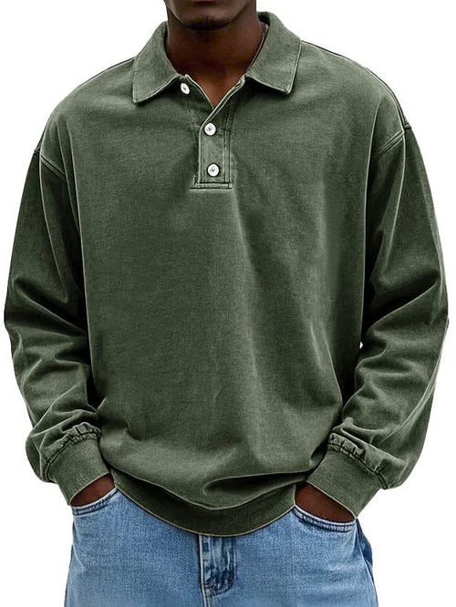 Men's vintage long sleeve polo shirt classic retro collar 3-button placket breathable casual top