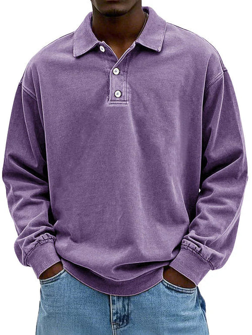 Men's vintage navy long sleeve polo shirt classic retro 3-button placket slim fit breathable fabric
