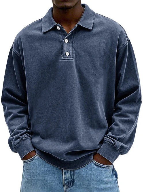 Men's vintage navy long sleeve polo shirt with classic 3-button placket and retro collar detail