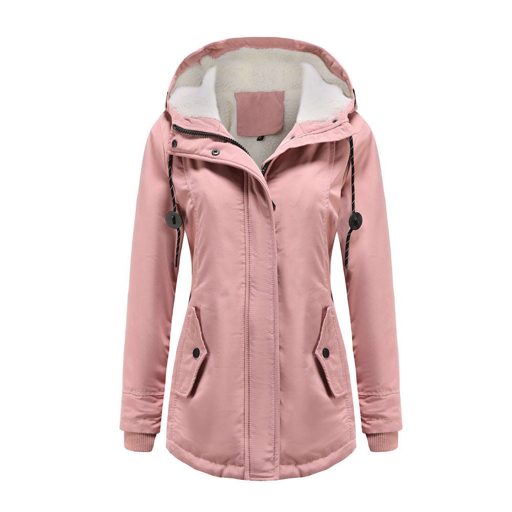 Women's waterproof fleece-lined hooded rain jacket tailored mid-length coat for all-weather style