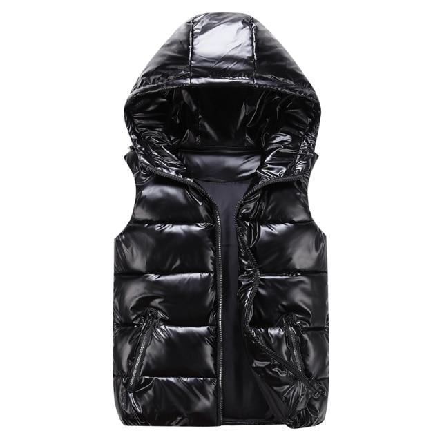 Men's glossy quilted puffer vest with hood, relaxed fit, wind-resistant winter outerwear layer