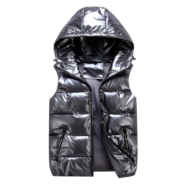 Men's glossy quilted puffer vest with hood, relaxed fit wind-resistant winter outerwear layer