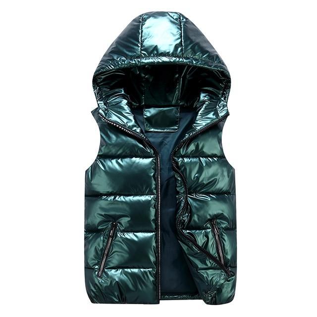 Men's glossy quilted puffer vest with hood, relaxed fit, wind-resistant winter outerwear layer