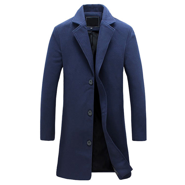 Men's dark wool long overcoat elegant tailored silhouette floor-length formal business evening wear