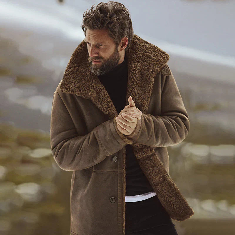 Men's brown parka jacket faux shearling lined relaxed fit mid-thigh length button front winter coat