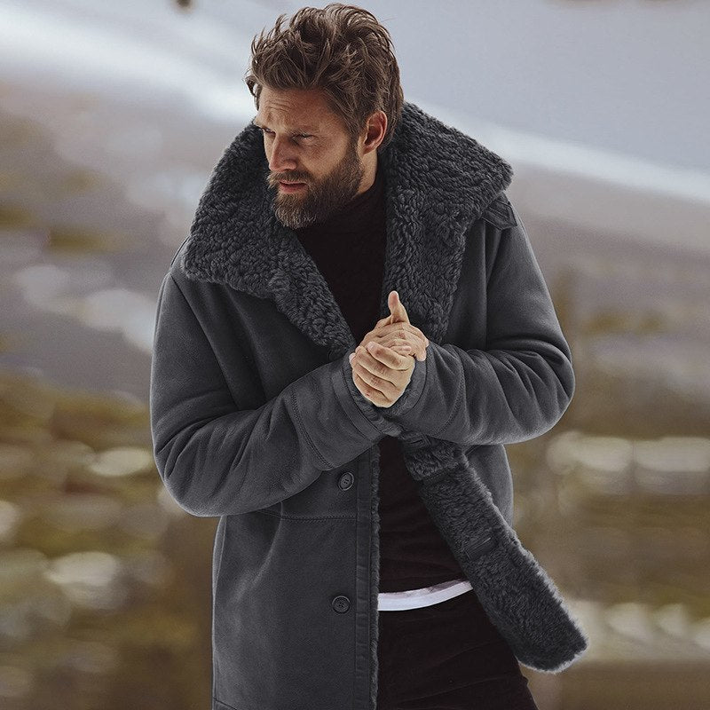 Men's brown parka jacket faux shearling lined relaxed fit mid-thigh length button-front winter coat