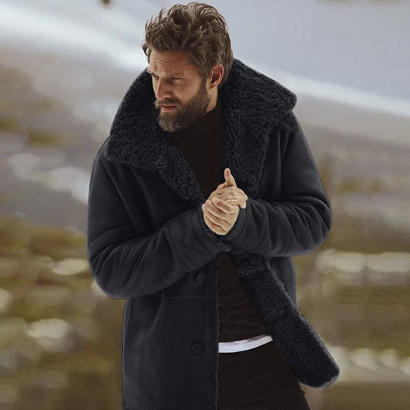 Men's brown parka jacket faux shearling lined relaxed fit mid-thigh length button-front winter coat