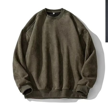 Men's oversized faux suede pullover sweatshirt in neutral tone with vintage relaxed fit silhouette
