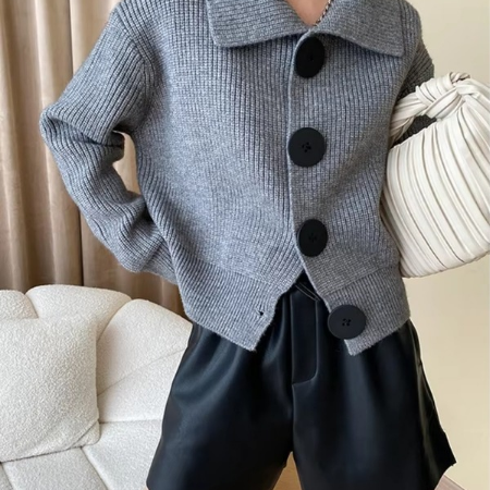 Women's grey loose fit knit cardigan with button front closure and turn-down collar for fall winter