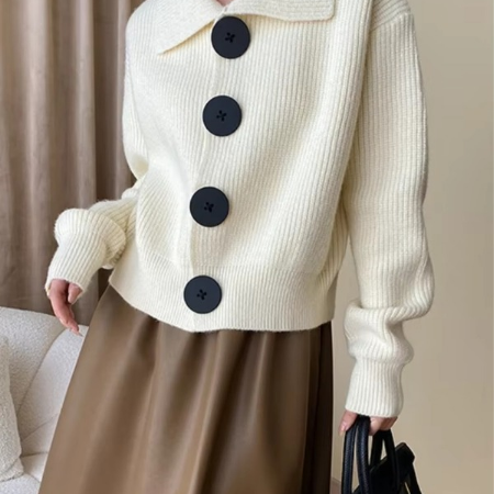 Women's grey knit cardigan loose fit button front turn-down collar cozy acrylic blend layering piece