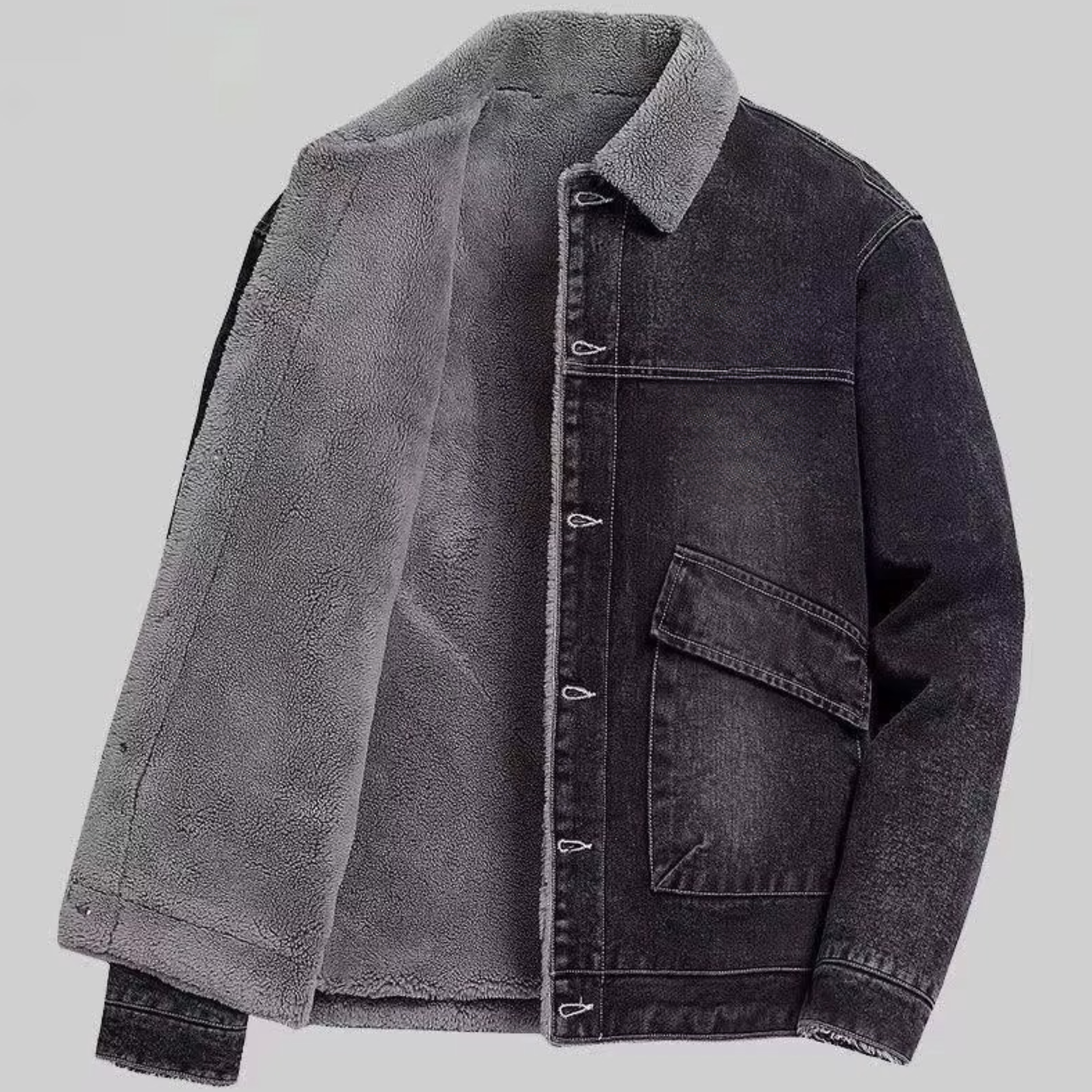 Men's fleece-lined denim jacket in classic blue, casual button-front winter coat with plush inner lining