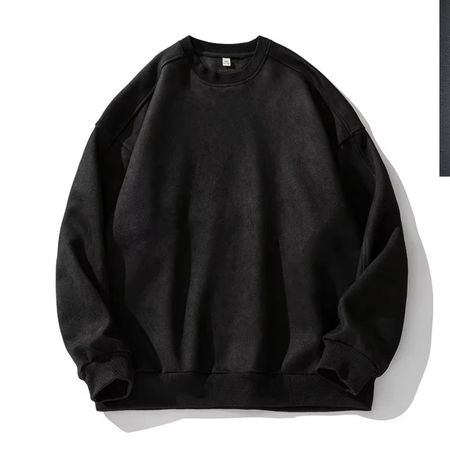 Men's oversized faux suede pullover sweatshirt in neutral tone with relaxed vintage silhouette