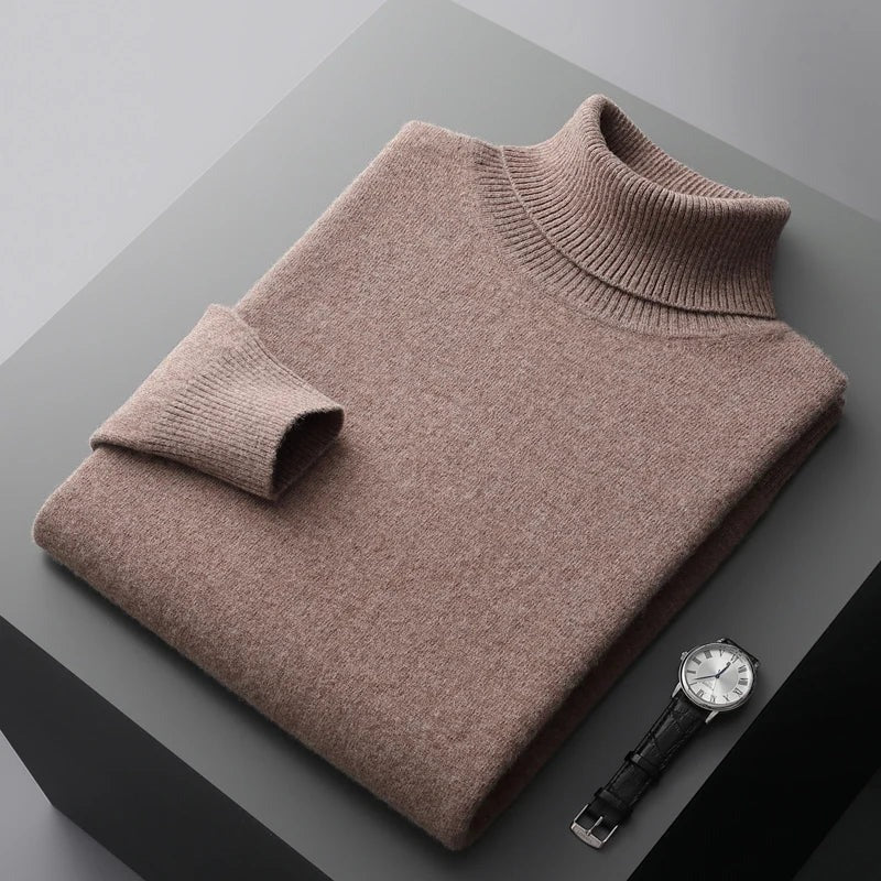 Men's gray ribbed turtleneck merino wool sweater regular fit hip-length solid knit