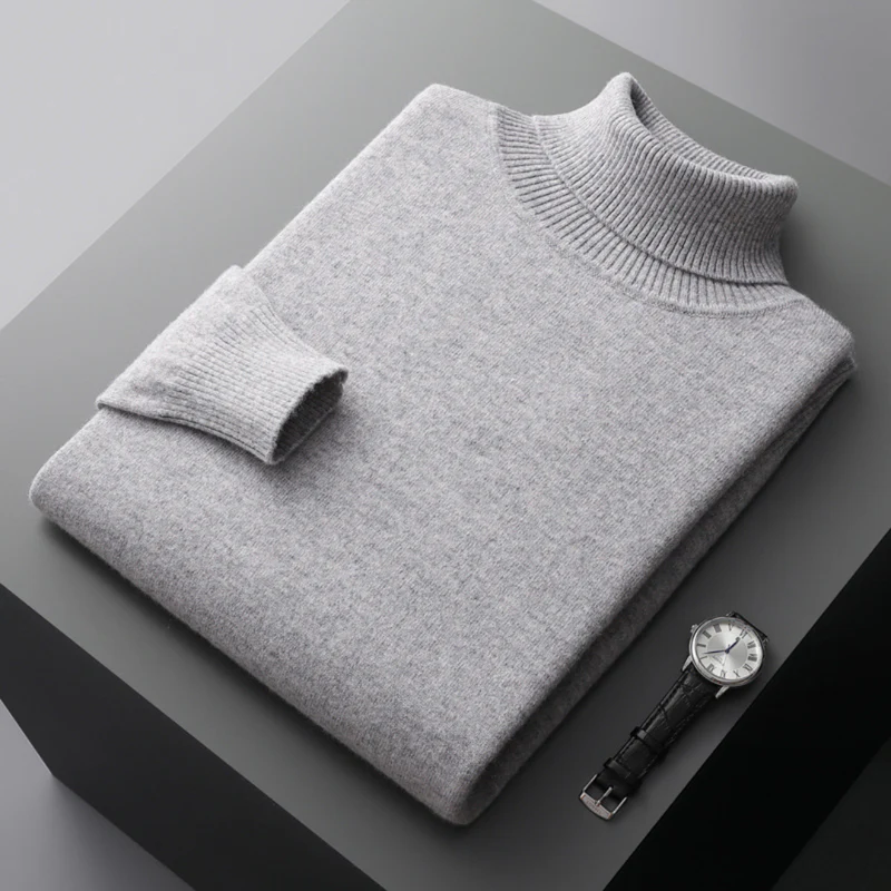 Men's grey merino wool turtleneck sweater regular fit ribbed hip-length knit