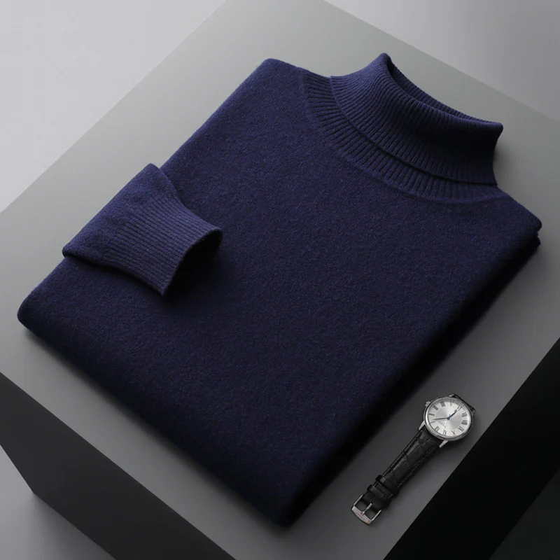 Men's grey merino wool turtleneck sweater regular fit ribbed hip-length knit