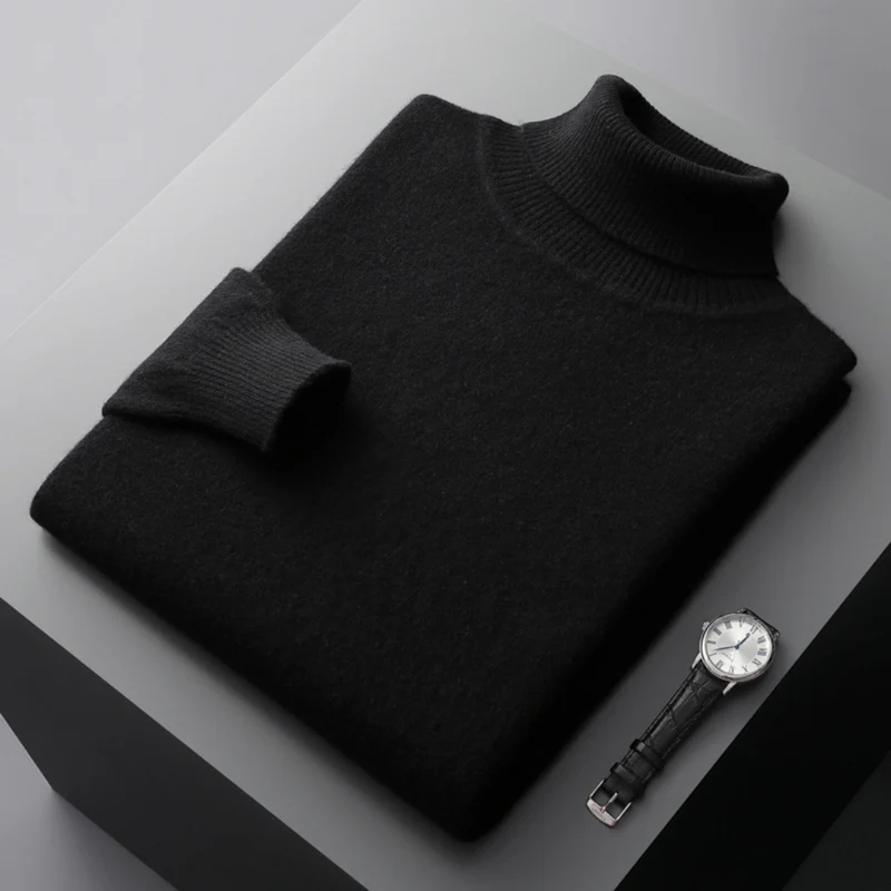 Men's gray merino wool turtleneck sweater regular fit ribbed hip-length knit
