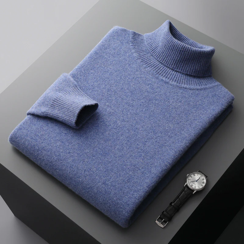 Men's solid merino wool turtleneck sweater regular fit ribbed hip-length knit in neutral tone