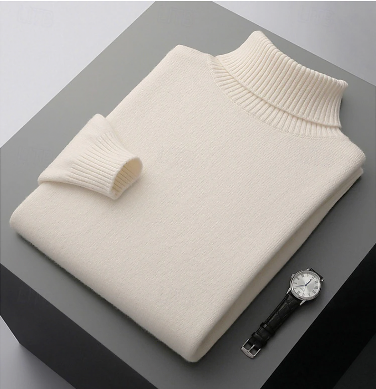 Men's ivory merino wool ribbed turtleneck sweater classic tailored fit long sleeve knit top