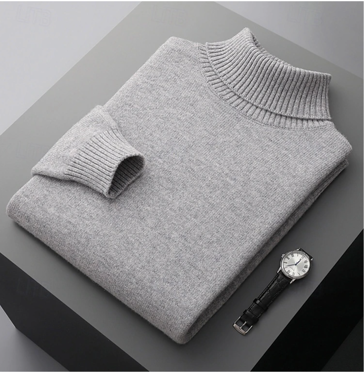Men's ivory merino wool ribbed turtleneck sweater with classic tailored fit and long sleeves