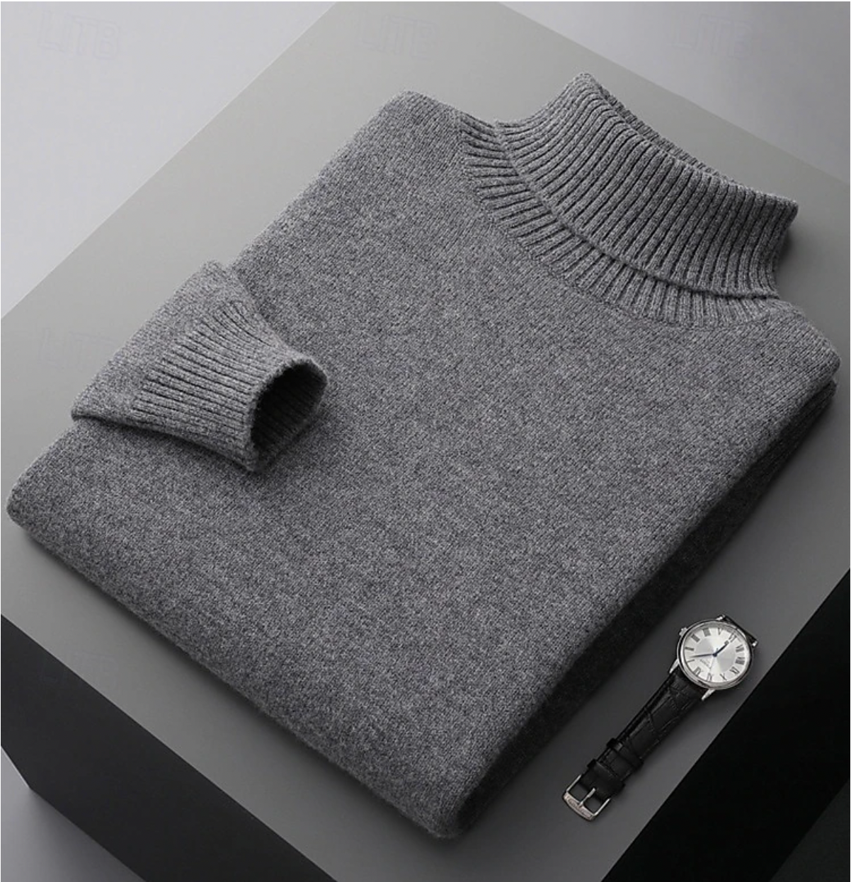 Men's ivory merino wool ribbed turtleneck sweater with classic tailored fit and long sleeves