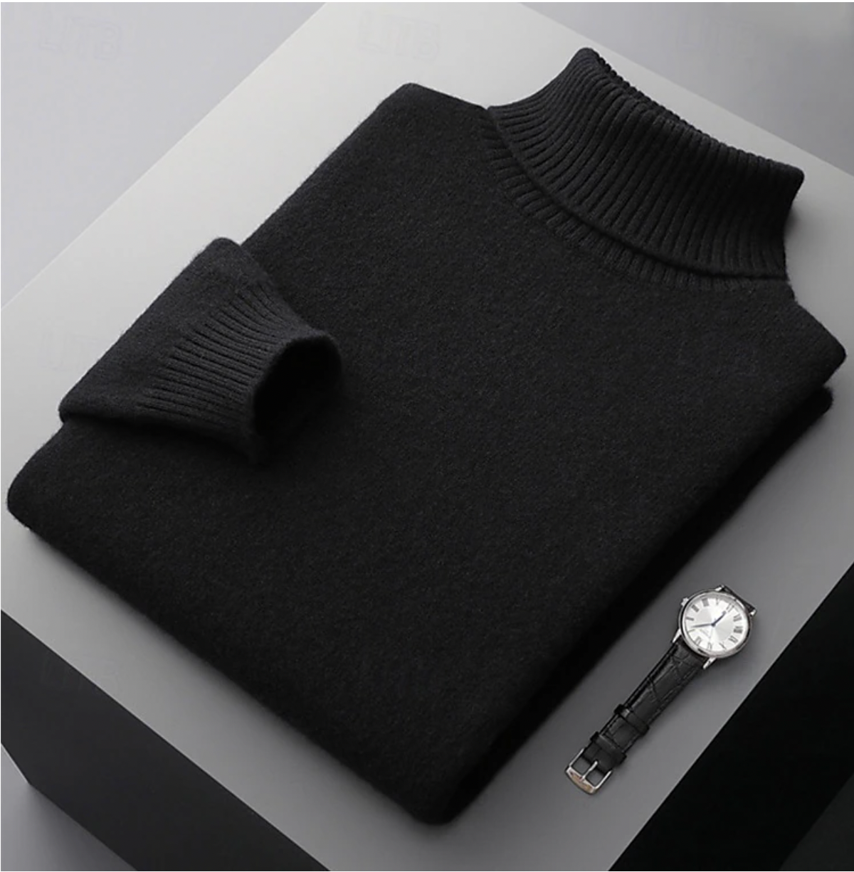 Men's ivory merino wool ribbed turtleneck sweater with classic tailored fit and premium knit texture