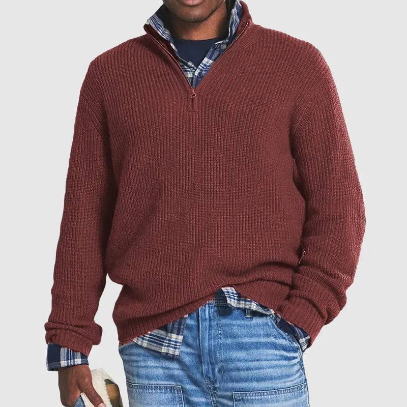Men's relaxed fit cashmere blend quarter zip sweater with ribbed hip length design