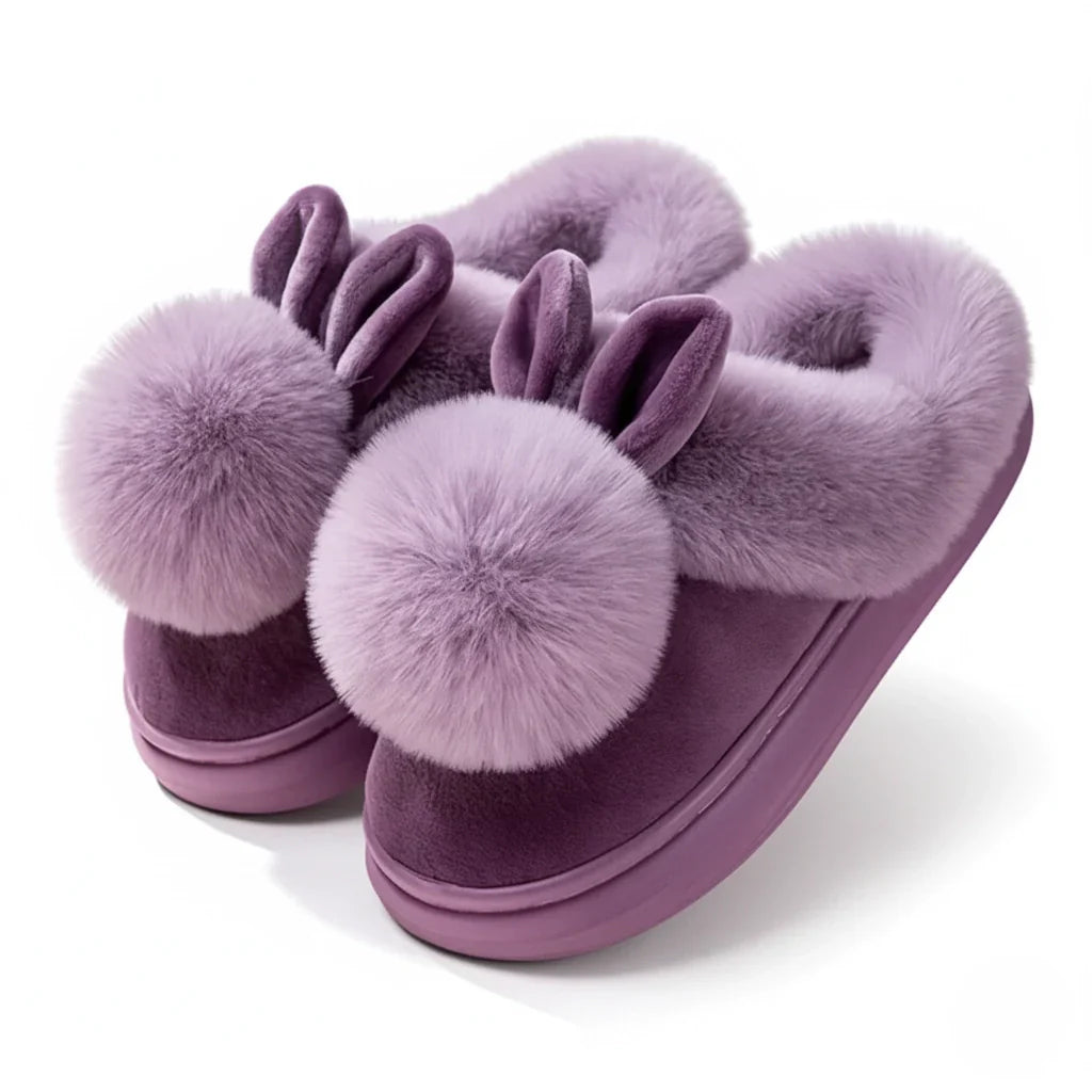 Women's ivory plush slip-on slippers with playful bunny ears fur trim accent