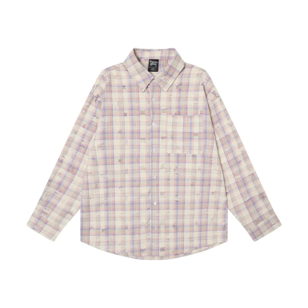 Relaxed-fit cotton plaid shirt with distressed rip details and turn-down collar in multi-color check