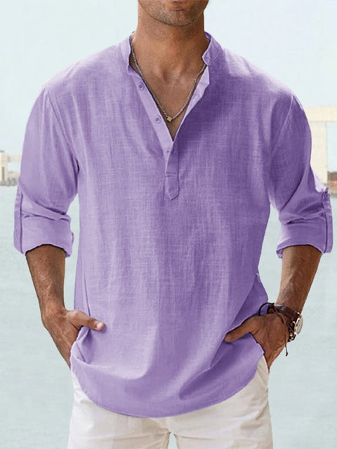Men's relaxed fit linen shirt mandarin collar long sleeve breathable casual top lightweight