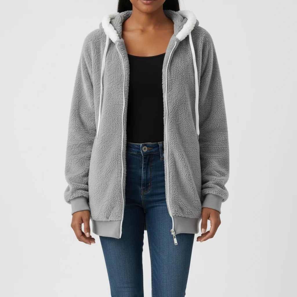 Women's hooded zip-up sherpa-lined sweater in neutral tones, relaxed mid-length silhouette for cozy layering