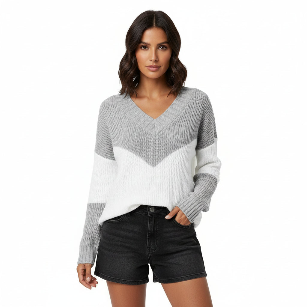 Women's color block V-neck sweater relaxed fit chevron knit pattern casual chic cozy pullover