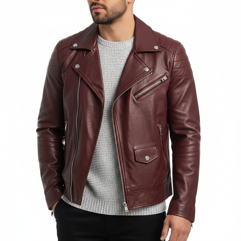 Men's black slim fit premium leather biker jacket with asymmetrical zip and quilted shoulder accents
