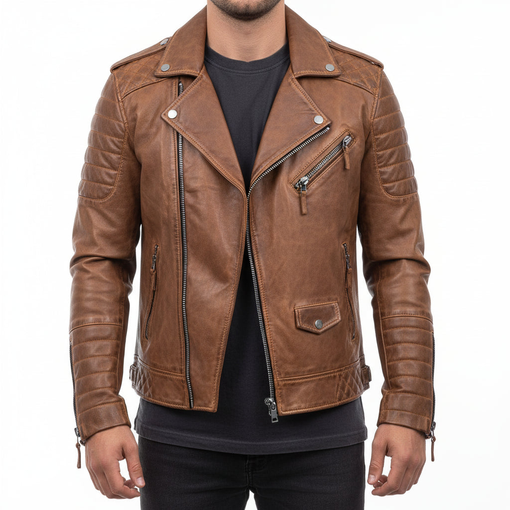 Men's black slim-fit leather biker jacket with asymmetrical zip and quilted shoulder accents