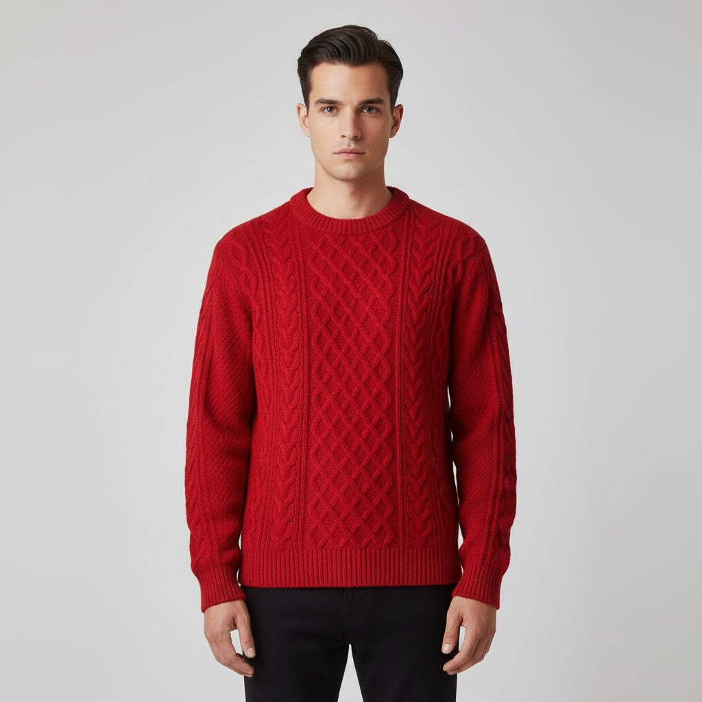 Men's cream cable knit crewneck sweater relaxed fit with ribbed cuffs and hem everyday essential